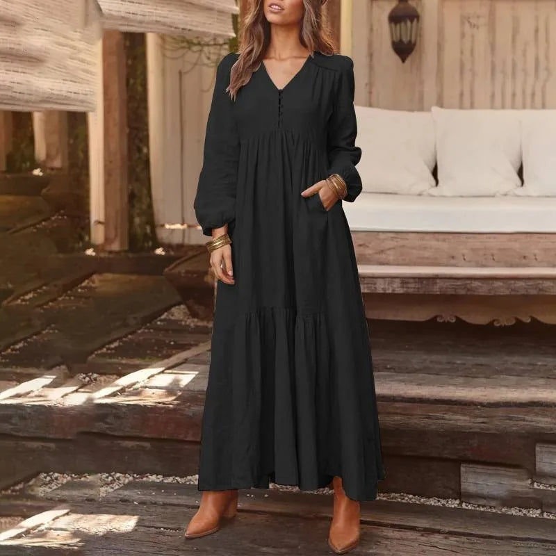 New Cotton Linen Retro Large Hem Long Dresses Casual Long Sleeved For Women Fashion Solid Color Single Breasted Skirt Spring