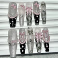 10PCS Y2K Black Pink French Handmade Press On Nails Cute Lace Ribbon Polka Dot Bow Long Nail Art Sweet Edgy Glitter Fake Nails