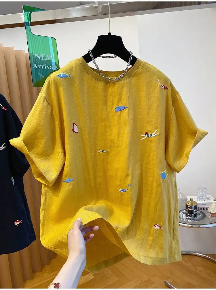 Embroidered Cotton Linen Short-sleeved T-shirt Summer New Loose Casual Round Neck Top for Women