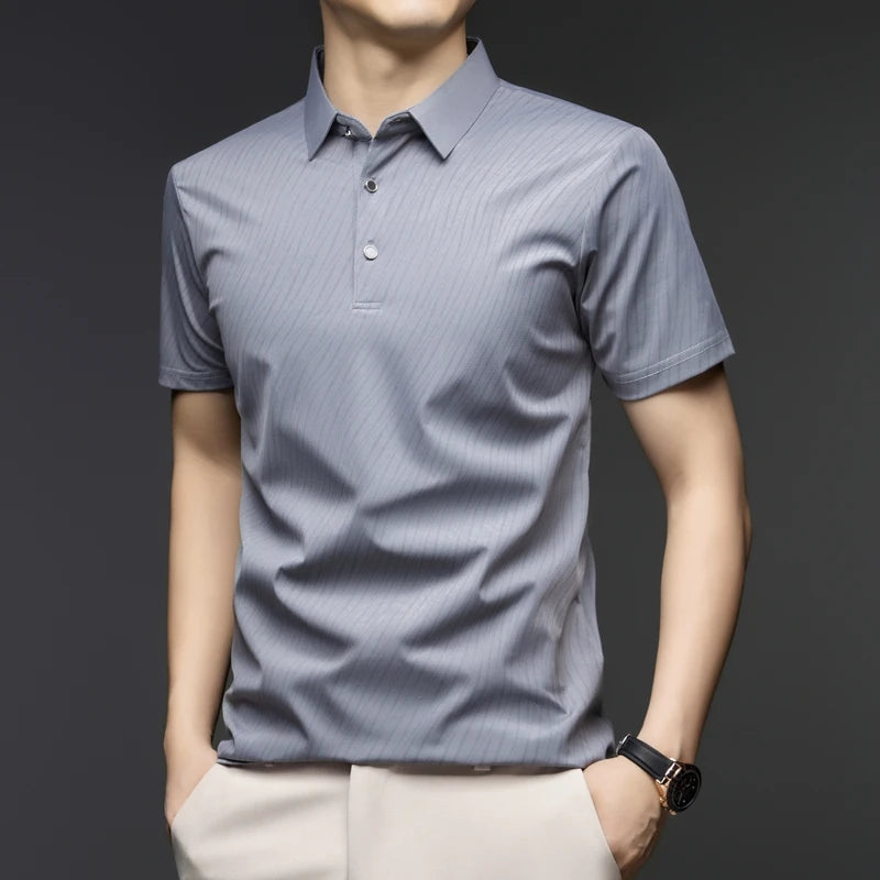 Men's Fashion Ice Silk Polo Shirt Cool Touch Fabric With Diagonal Line Print Short Sleeve For Business