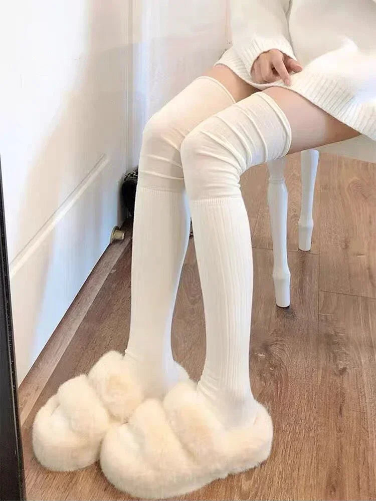 2pairs Women's Knee-length Socks Ladies Thigh-length SocksWarm Knitted Boot Socks Leg Warmers Japan JK Cotton Thigh High Bottoms