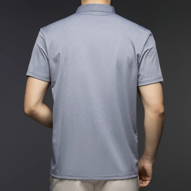 Men's Fashion Ice Silk Polo Shirt Cool Touch Fabric With Diagonal Line Print Short Sleeve For Business