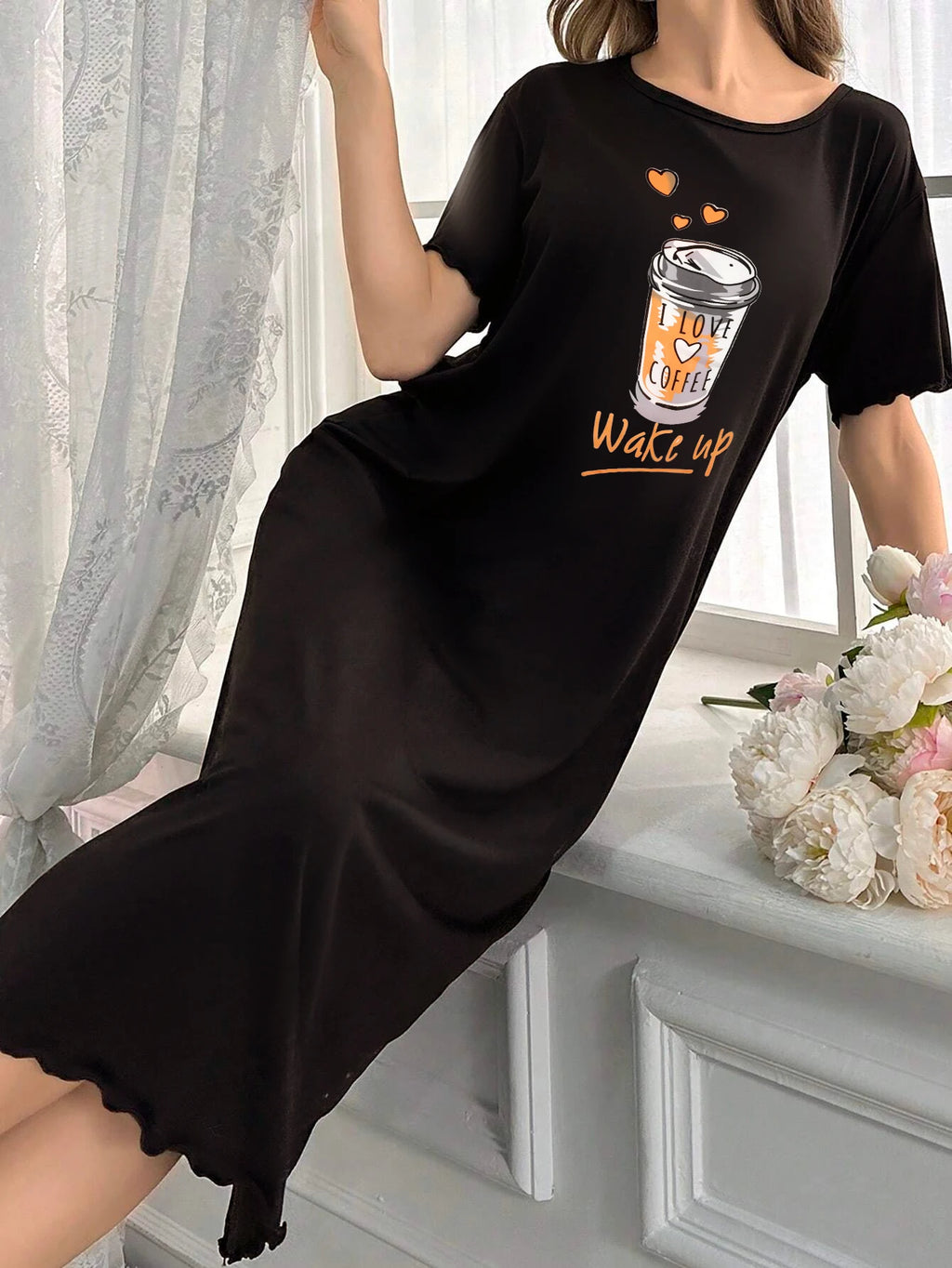 Single-Piece All-Season Nightgown, Simple, Comfortable, Fashionable Printed Short-Sleeved Long Nightgown That Can Be Worn Outside as a Home Robe