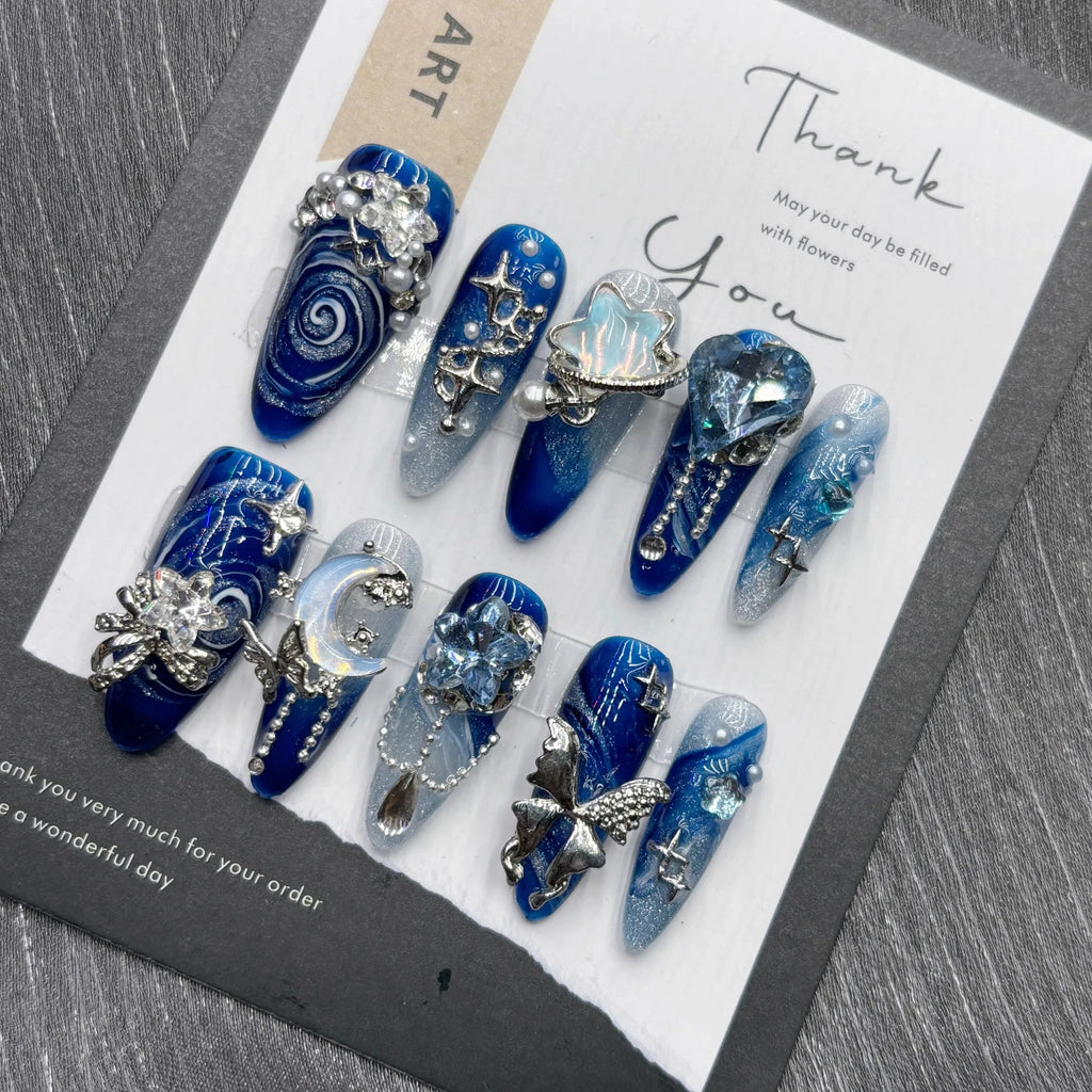 10Pcs High Quality Handmade Press on Nails Simple And Elegant  Royal Blue Depth Gentle And Graceful  Stick-on Nail Art Retro