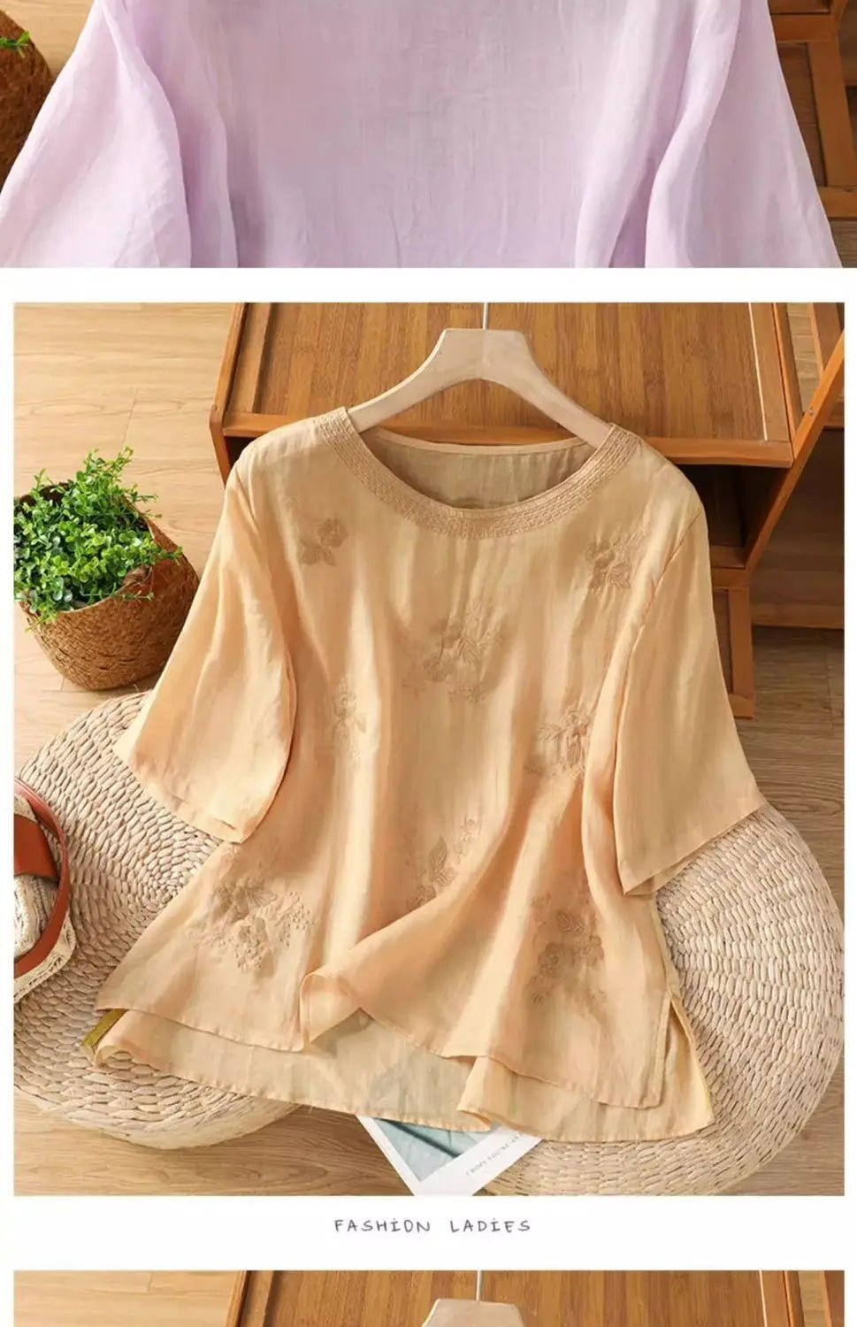 Women's Casual Linen Blouse Floral Embroidery Round Neck Short Sleeve Side Split Loose Fit Summer Tops