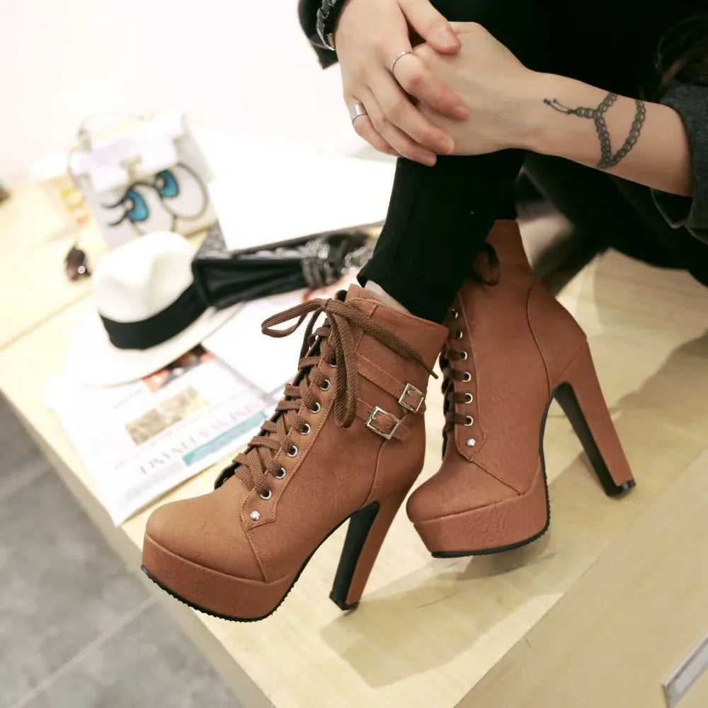 European and American Style Women's Boots - Ankle Boots with Cross Straps High Heels Platform Belt Buckle &Low-Cut Design