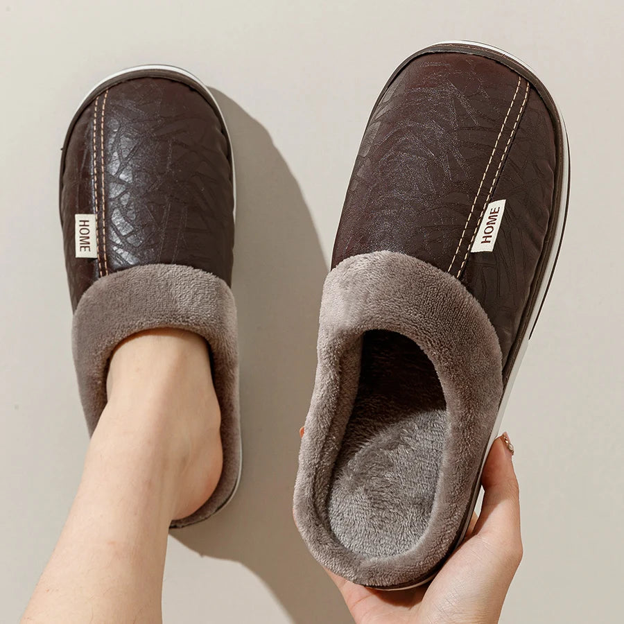 Bedroom Fashion Warm Soft Winter Men's Slippers Indoor Comfy Casual Big Size Anti-slip PU Surface Waterproof Home Plush Shoes