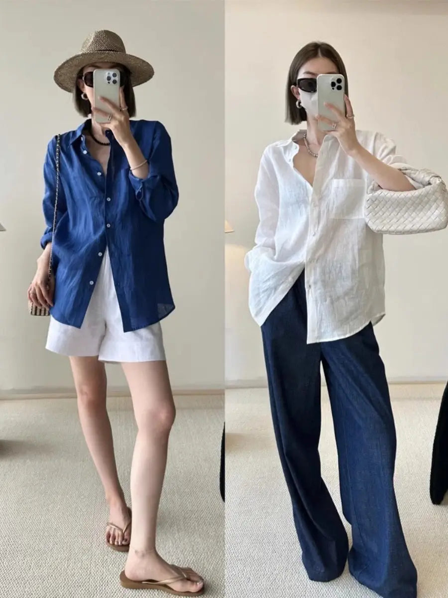 White Linen Long-sleeved Shirt for Women Summer Thin Loose Old Money Style Cotton and Linen Shirt with Sun Protection Top