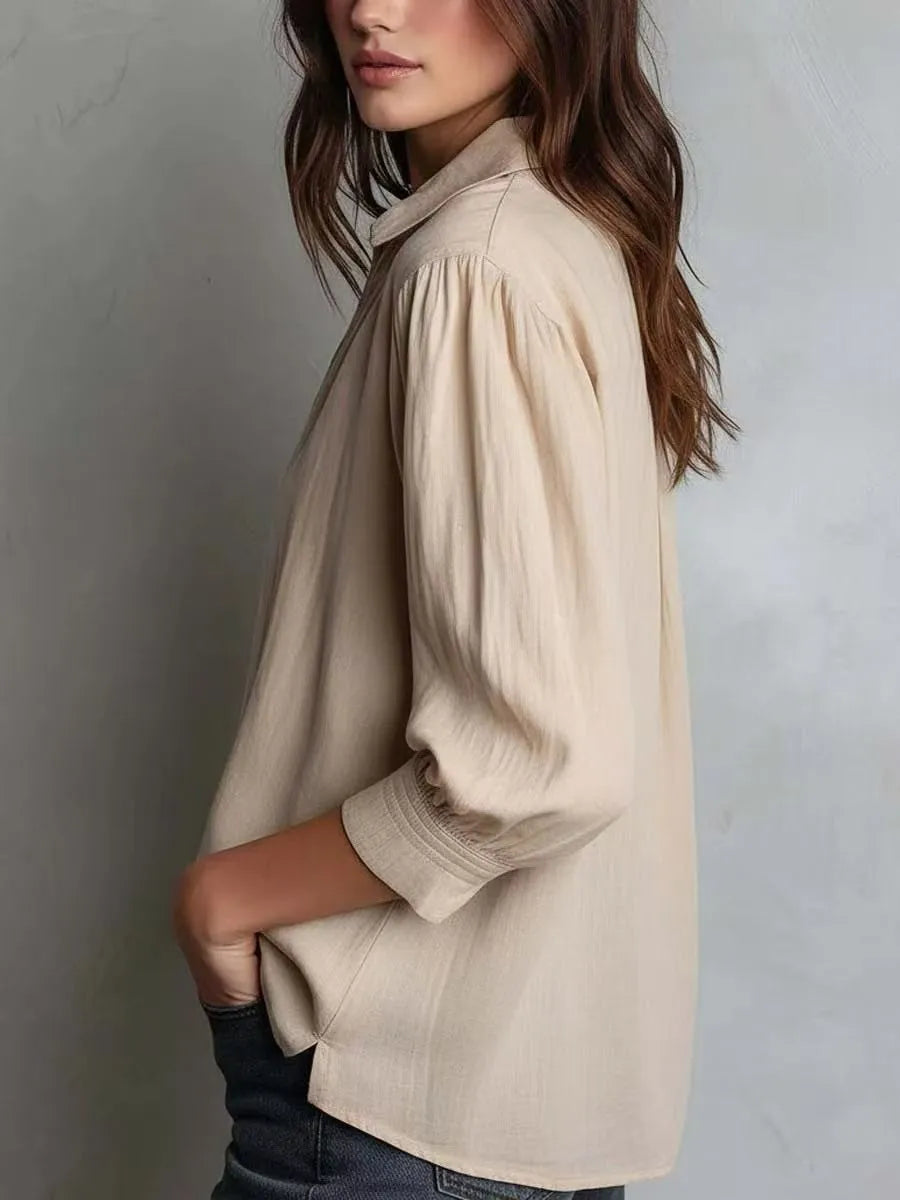 Women‘s Linen Shirt, Oversized Zip-Up Blouse, Casual Loose Fit Pure Color Top, Summer Long Sleeve Shirts for Women •