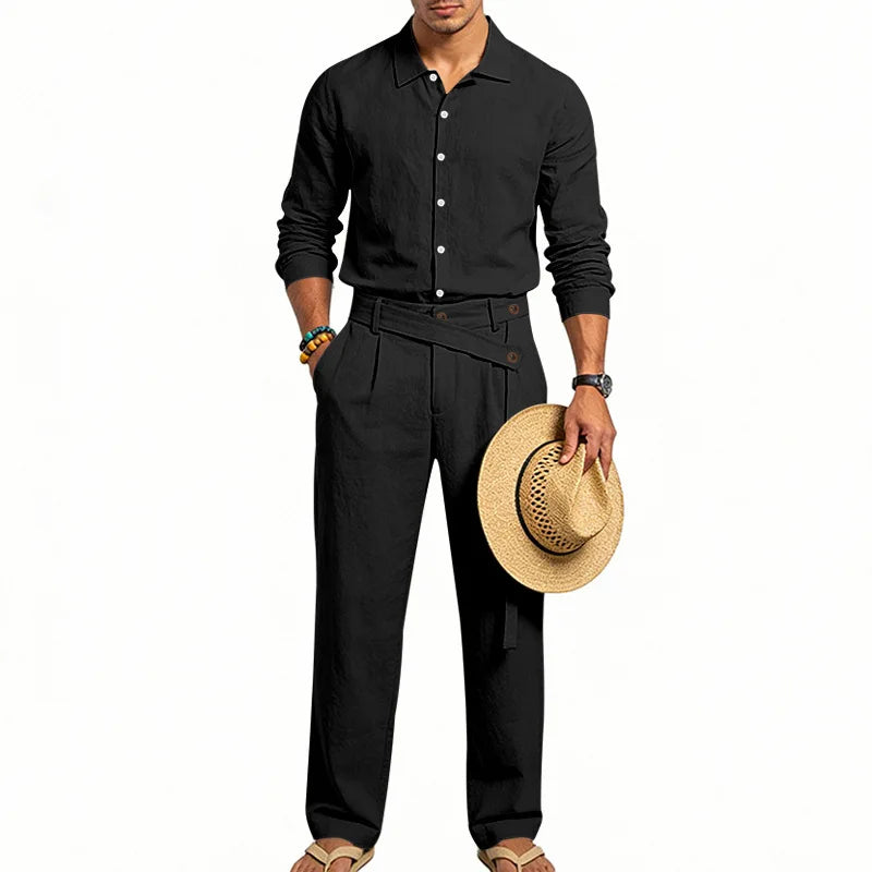 Men's Loose Fit Linen 2 Piece Outfit Solid Color Casual Long Sleeve Hooded Shirt & Long Pants Breathable Suit