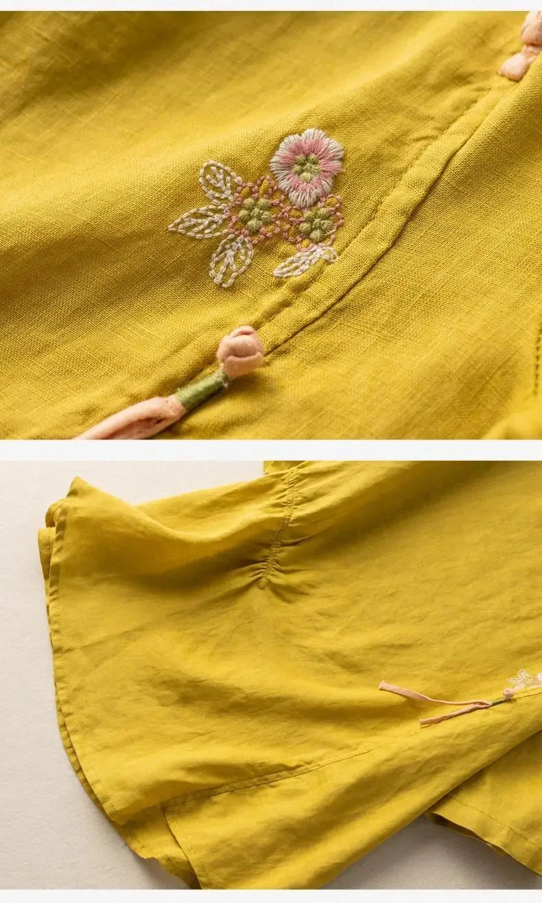 Short-sleeved Linen Tops with Folded Buttons of Artistic Retro Cotton Linen T-shirts Versatile Loose Embroidery 2025 Summer Tops