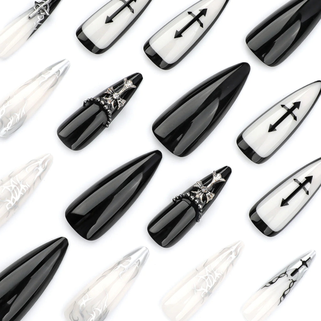 24Pcs Long Press on Nails, Acrylic False Nail Tips with Glue, Decorated Sticker Gel Fake Nails Set for Women, Nail Art Kit