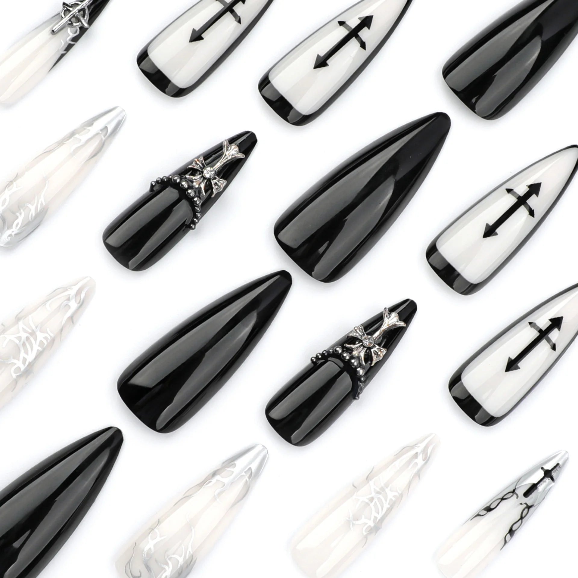 24Pcs Long Press on Nails, Acrylic False Nail Tips with Glue, Decorated Sticker Gel Fake Nails Set for Women, Nail Art Kit