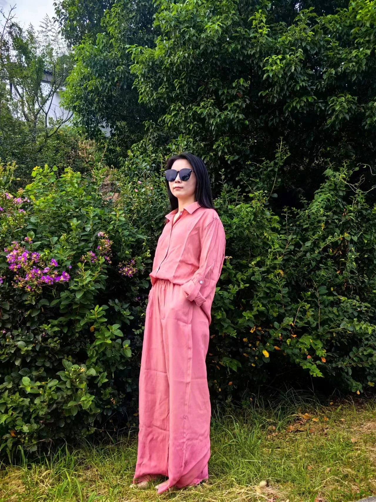 Women Linen Casual Shirt 2 Pieces Set Fashion Lapel Long Sleeve Button Blouse And Trousers Outfits Loose Wide Leg Pants Suits