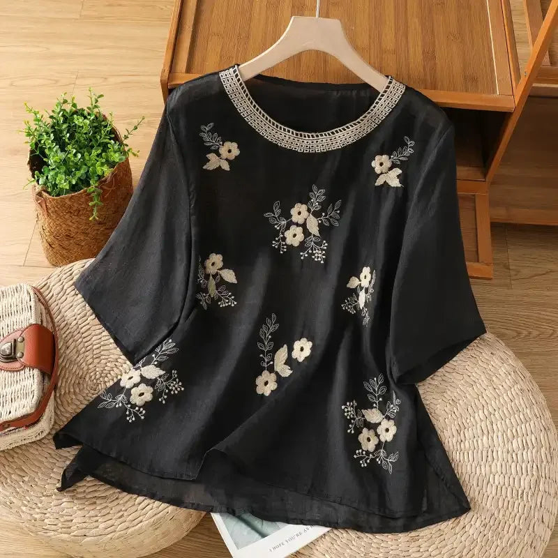 Women's Casual Linen Blouse Floral Embroidery Round Neck Short Sleeve Side Split Loose Fit Summer Tops