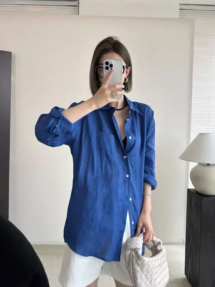 White Linen Long-sleeved Shirt for Women Summer Thin Loose Old Money Style Cotton and Linen Shirt with Sun Protection Top