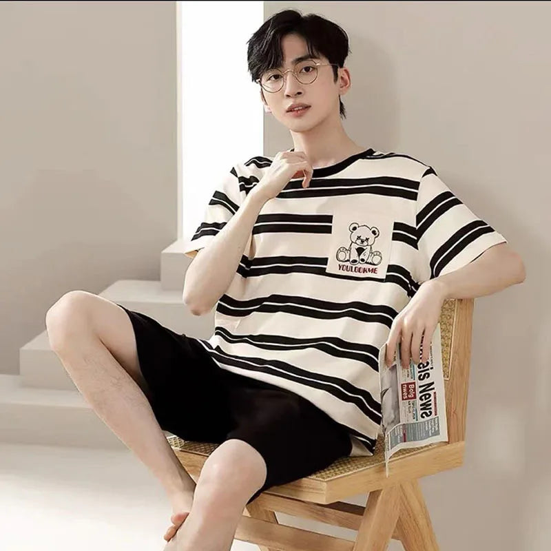 Men’s Pajamas Summer Short Sleeve Thin Loose Comfortable Casual Loungewear Set 2 Piece Set Casual Simple Sleepwear Homewear