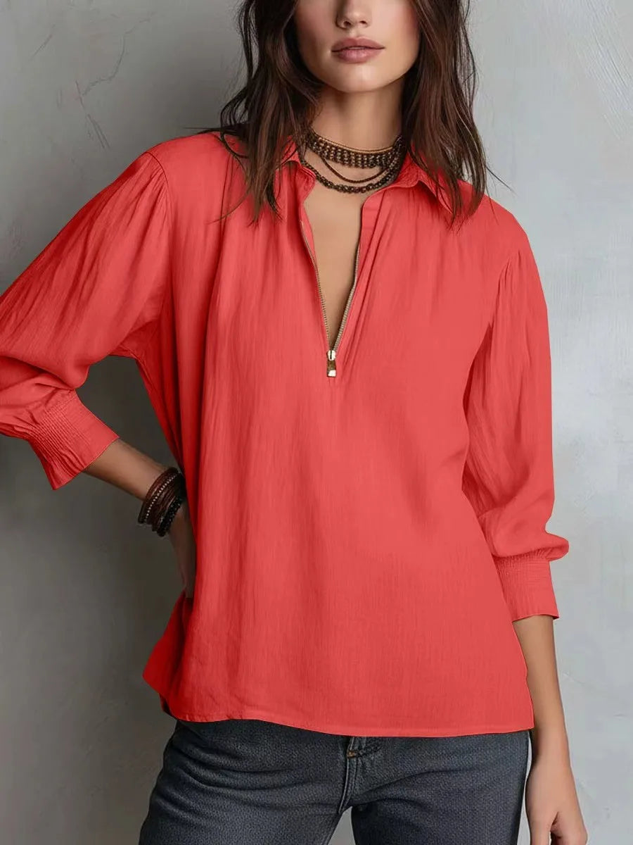 Women‘s Linen Shirt, Oversized Zip-Up Blouse, Casual Loose Fit Pure Color Top, Summer Long Sleeve Shirts for Women •