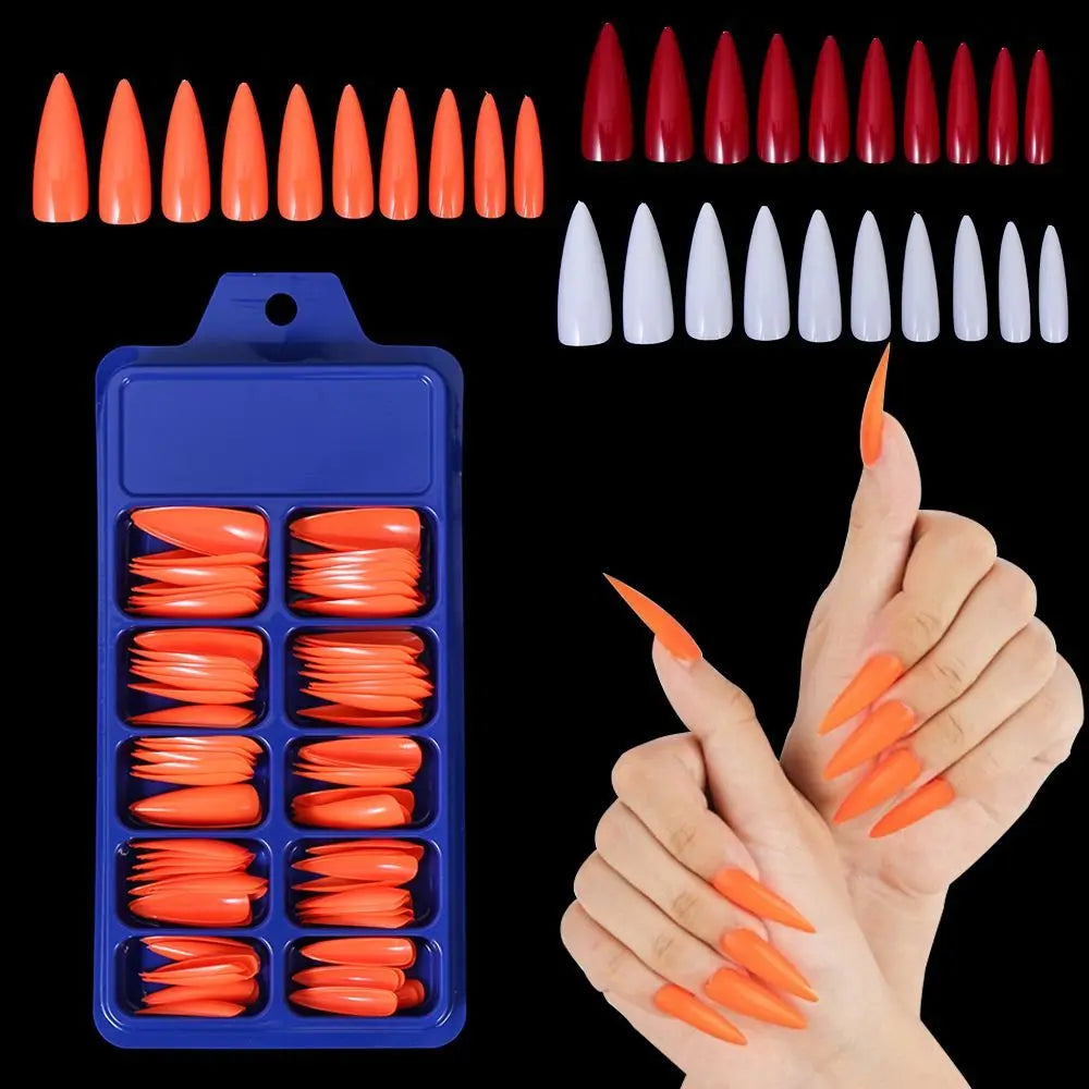 100 PCS/Box Solid Colour False Nail Tips Fake Nails Art Long Stiletto Acrylic Manicure DIY Tools Full Style 20Colors