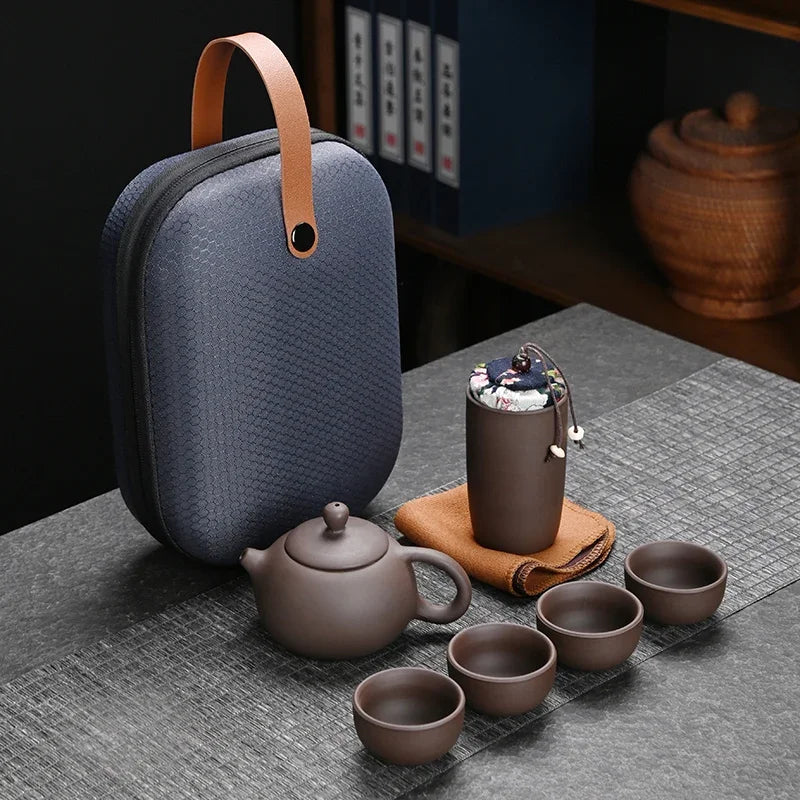 1set - Tea Set-Portable tea set with travel case, including teapot, teacup, tea can, tea cloth - Suitable for family use
