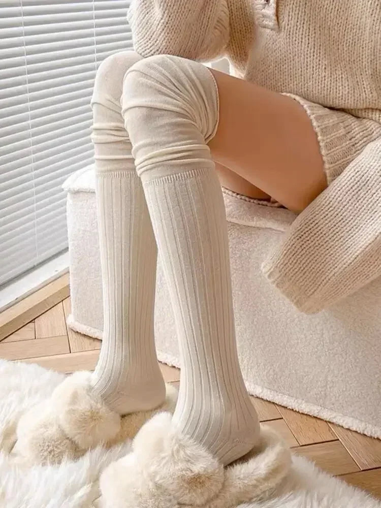 2pairs Women's Knee-length Socks Ladies Thigh-length SocksWarm Knitted Boot Socks Leg Warmers Japan JK Cotton Thigh High Bottoms