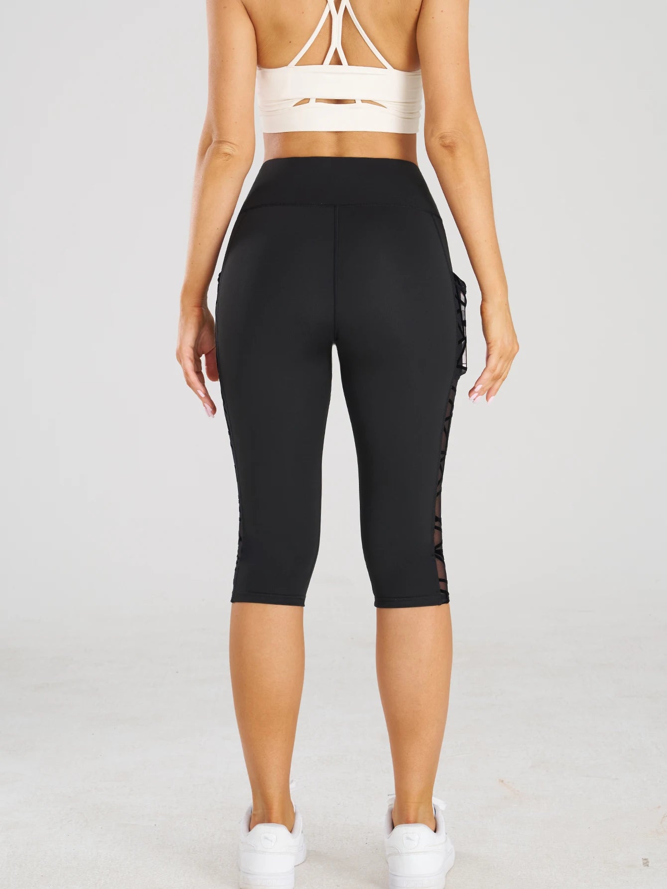 High Waist Yoga Crop Pants Leggings With Pockets Sports Fitness Casual Tight Yoga Pants Side Cross Mesh Stitch Capri Leggings