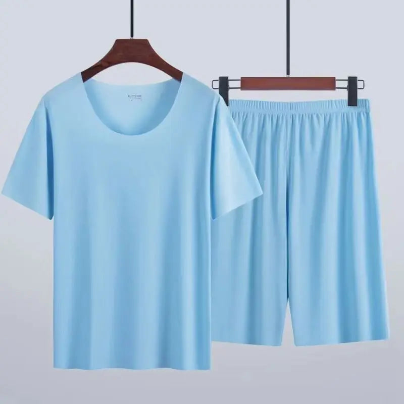 Men's Pajamas Homewear Short-Sleeved T-Shirt Youth Sports and Leisure Loose Elastic Tops and Pants Solid 2PCS/Set Four Season