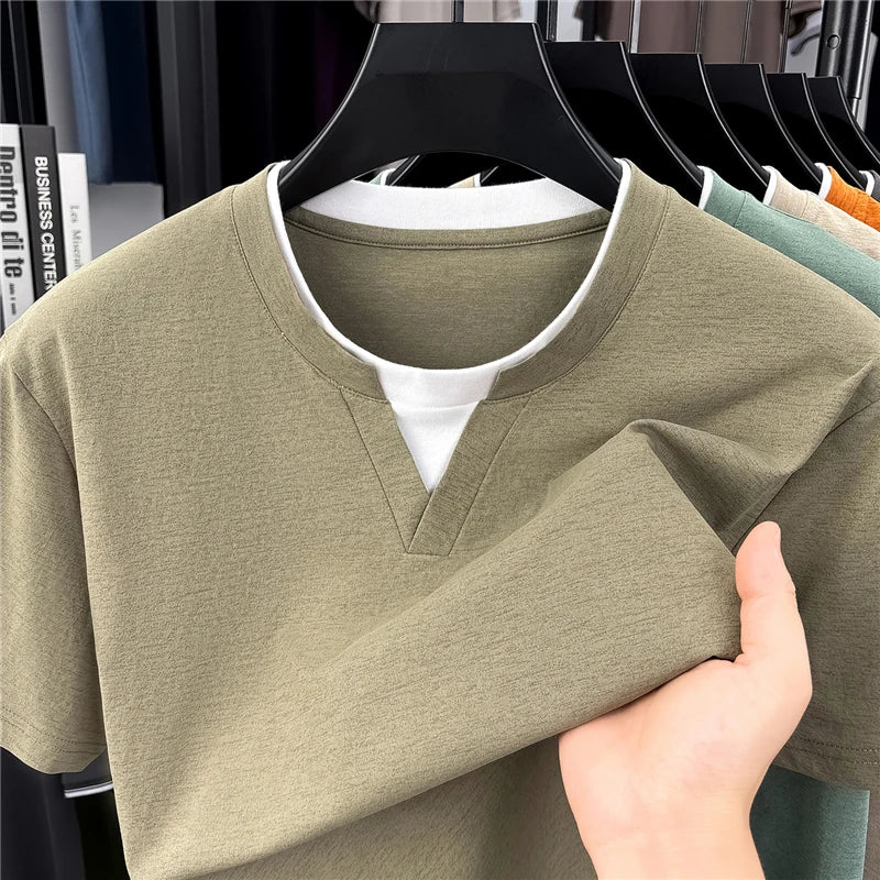 Men's Fashion V Neck T Shirt With Fake Two Piece Detail Soft Elastic Fabric For Daily And Casual Use