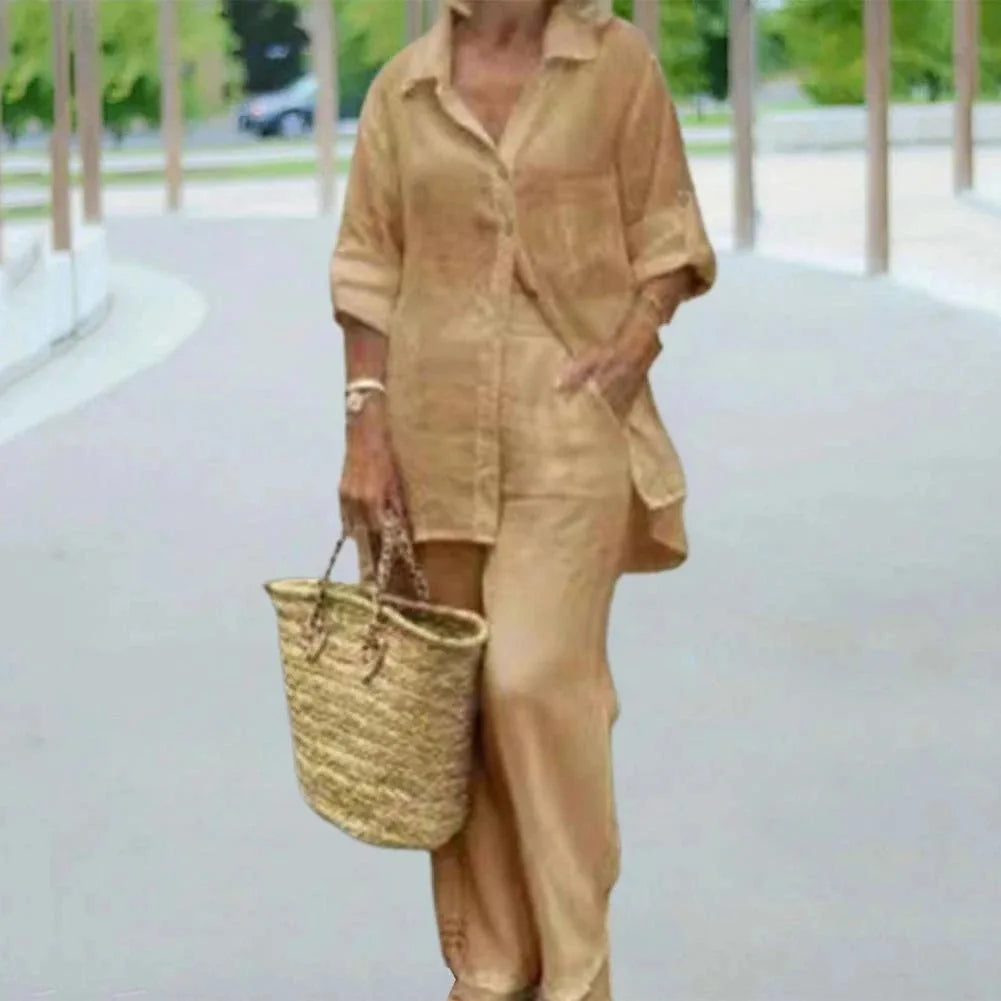 Elegant Solid Cotton Linen Shirt 2 Piece Set For Women Casual Outfits Autumn Long Sleeve Pocket Top Wide Leg Pants Suits Female