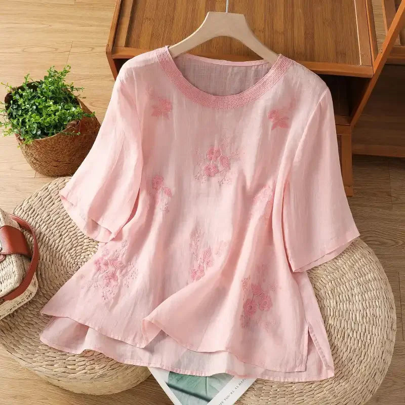 Women's Casual Linen Blouse Floral Embroidery Round Neck Short Sleeve Side Split Loose Fit Summer Tops
