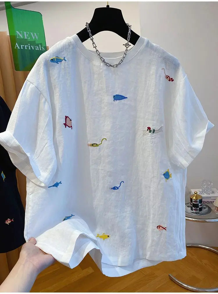 Embroidered Cotton Linen Short-sleeved T-shirt Summer New Loose Casual Round Neck Top for Women