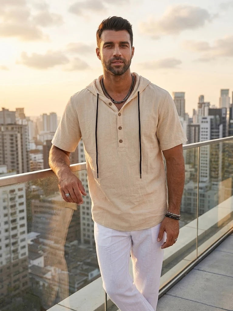 Summer Mens Linen Hooded Shirts for Men Lightweight Short Sleeve Casual T-Shirts Button Cotton Hoodie Hawaiian T Shirts for Men