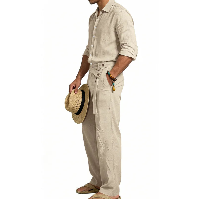 Men's Loose Fit Linen 2 Piece Outfit Solid Color Casual Long Sleeve Hooded Shirt & Long Pants Breathable Suit