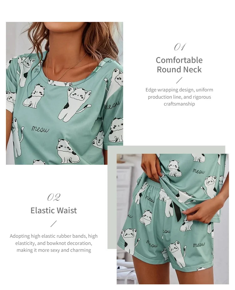 Women Pajamas Sets Short Sleeve Nightwear Top and Pants Sleepwear 2 Piece Pjs Loungewear Cartoon Print Pyjamas Set Nightwear