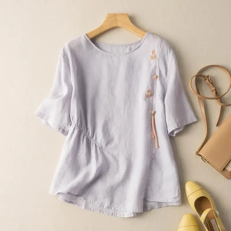 Short-sleeved Linen Tops with Folded Buttons of Artistic Retro Cotton Linen T-shirts Versatile Loose Embroidery 2025 Summer Tops