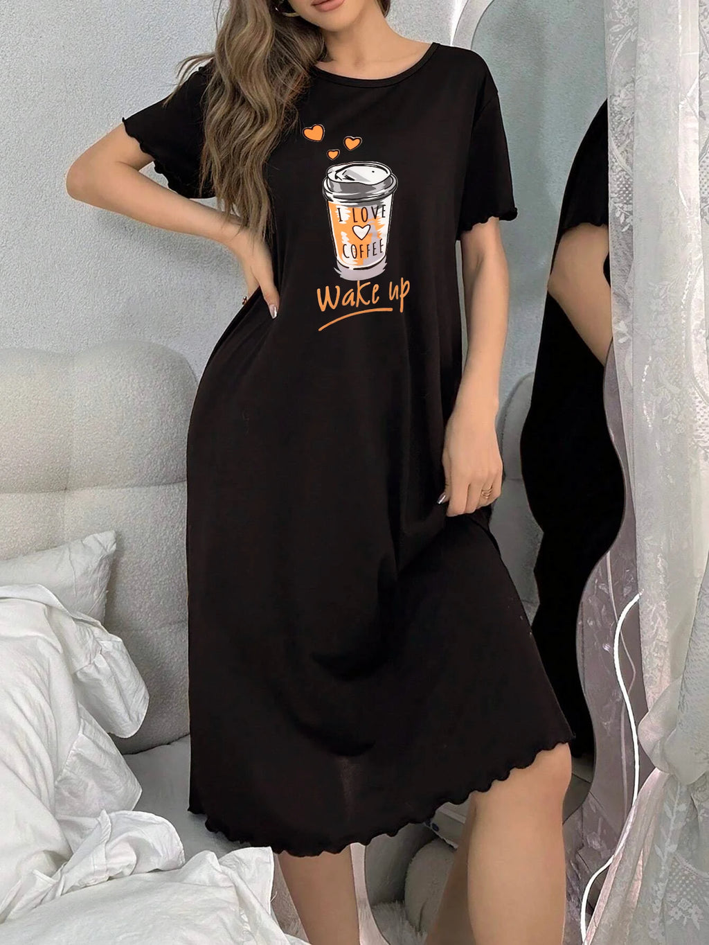 Single-Piece All-Season Nightgown, Simple, Comfortable, Fashionable Printed Short-Sleeved Long Nightgown That Can Be Worn Outside as a Home Robe