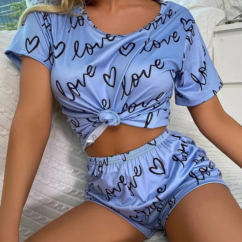 Women Pajamas Sets Short Sleeve Nightwear Top and Pants Sleepwear 2 Piece Pjs Loungewear Cartoon Print Pyjamas Set Nightwear