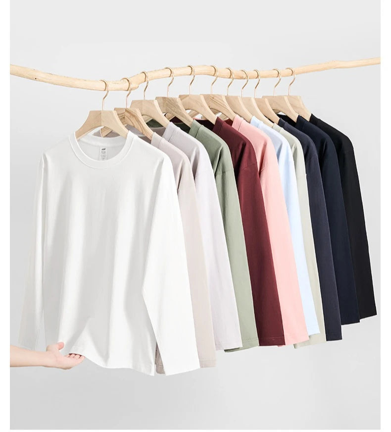 2026 100% Cotton T Shirt Women Autumn Winter Ribbed Causal O-Neck Basic Long Sleeve Harajuku Tops Fashion Loose Versatile Tees
