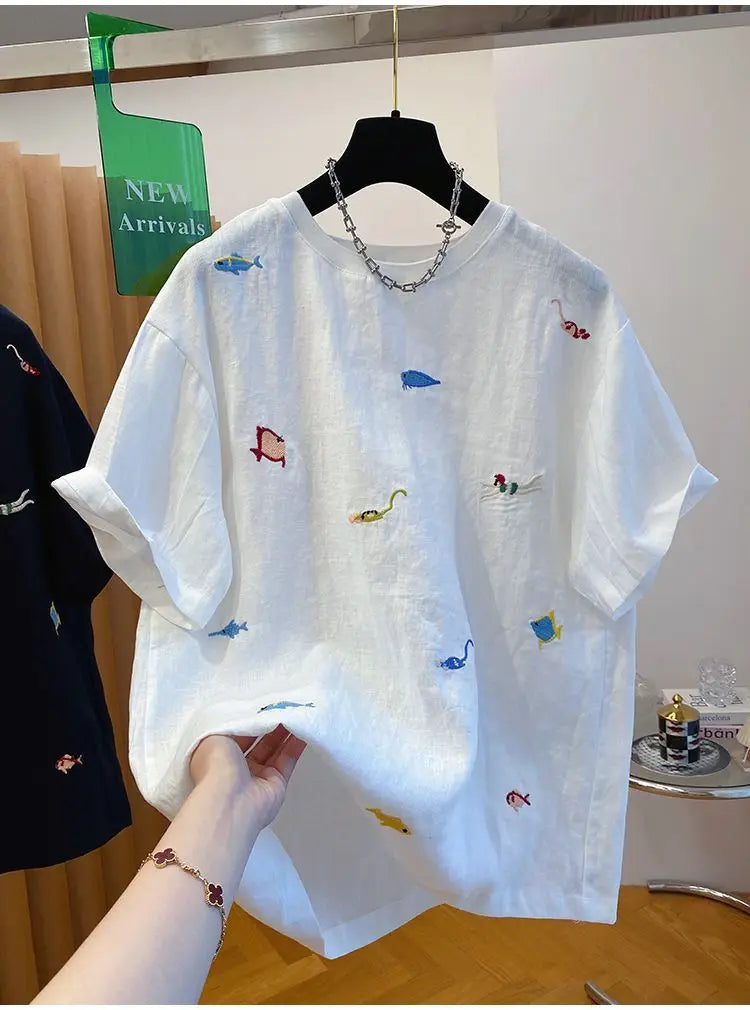 Embroidered Cotton Linen Short-sleeved T-shirt Summer New Loose Casual Round Neck Top for Women