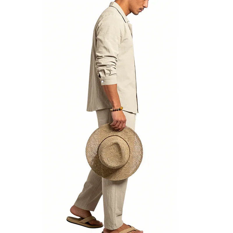 Men's Loose Fit Linen 2 Piece Outfit Solid Color Casual Long Sleeve Hooded Shirt & Long Pants Breathable Suit