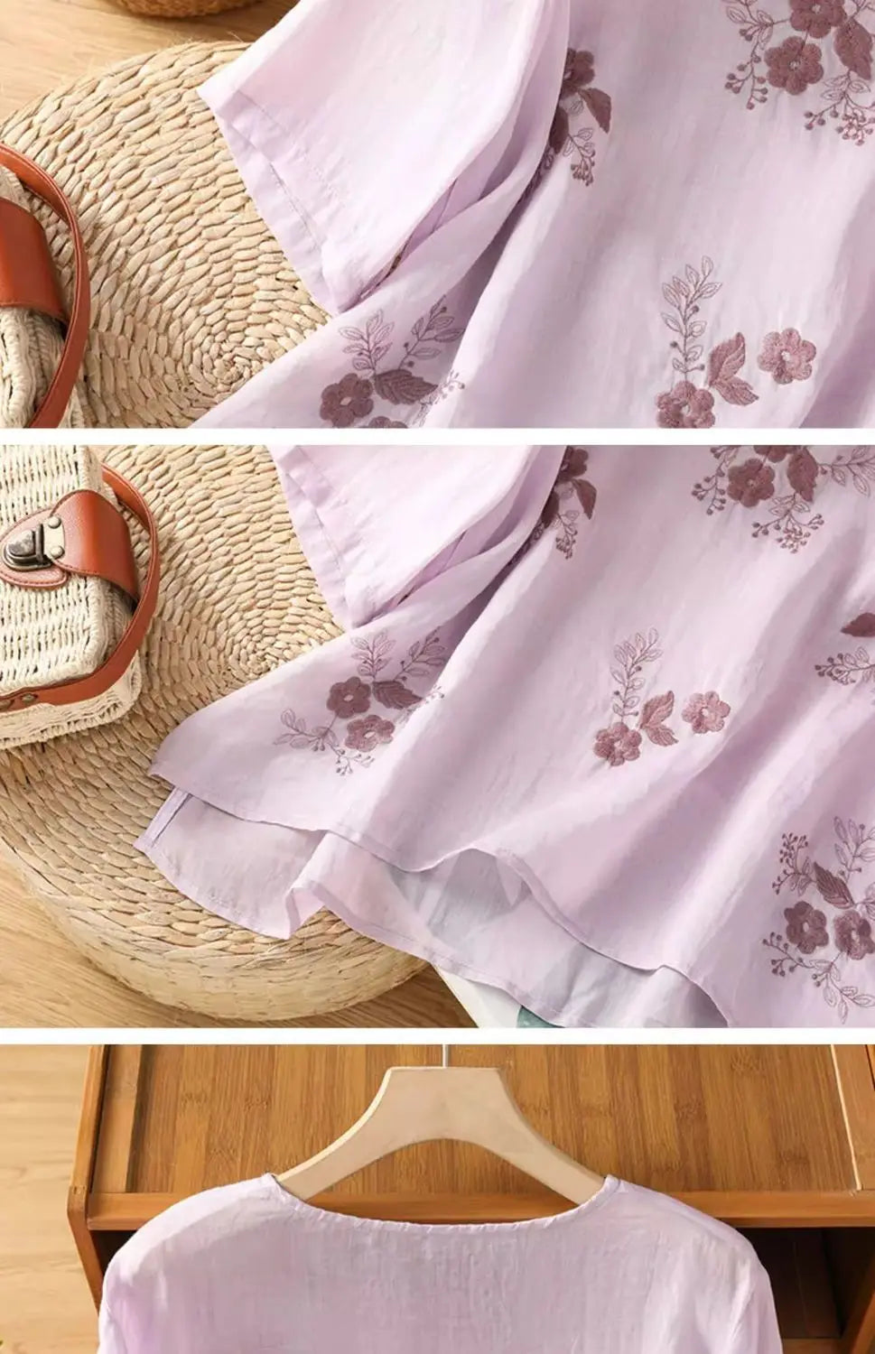 Women's Casual Linen Blouse Floral Embroidery Round Neck Short Sleeve Side Split Loose Fit Summer Tops