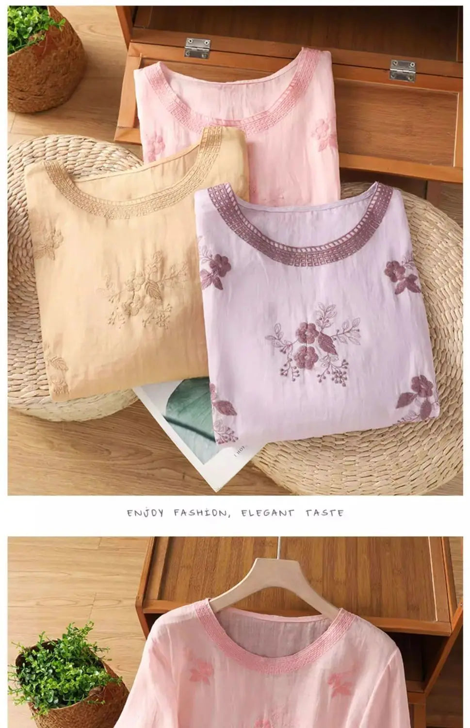 Women's Casual Linen Blouse Floral Embroidery Round Neck Short Sleeve Side Split Loose Fit Summer Tops