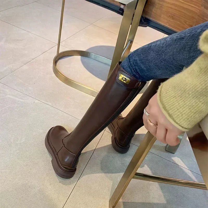 Women's Long Boots Round Toe Winter 2025 Ladies Knee High Shaft Shoes Large Size Warm Spring Autumn Y2k Trend Pu Hot Work Sale