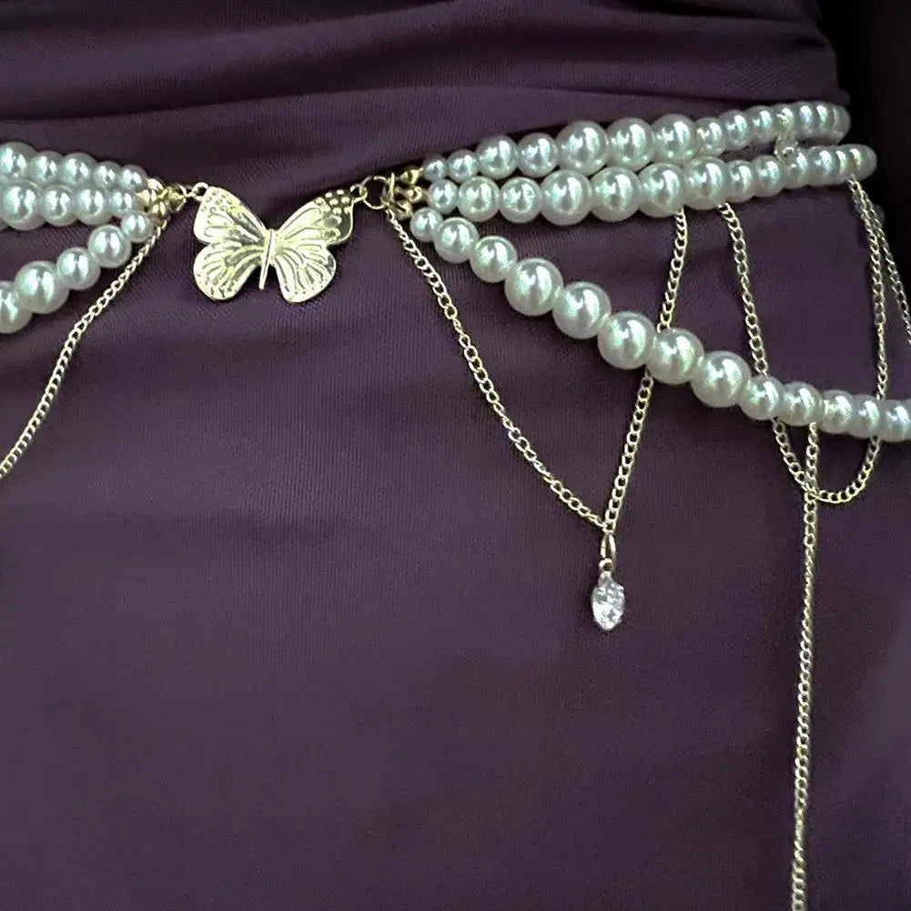 Fashion Y2K Retro Multilayer Pearl Waist Chain Belt For Women - Stylish Body Jewelry Accessories For Party & Casual Wear