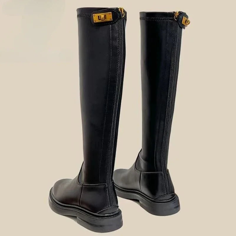 Women's Long Boots Round Toe Winter 2025 Ladies Knee High Shaft Shoes Large Size Warm Spring Autumn Y2k Trend Pu Hot Work Sale