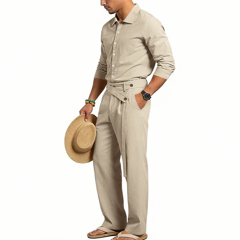 Men's Loose Fit Linen 2 Piece Outfit Solid Color Casual Long Sleeve Hooded Shirt & Long Pants Breathable Suit