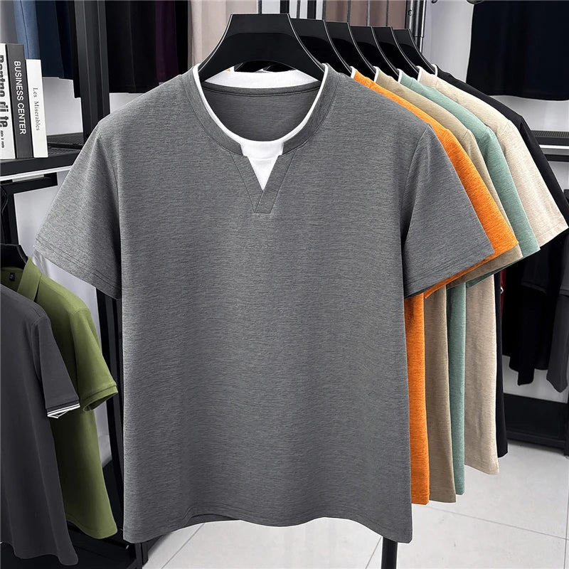 Men's Fashion V Neck T Shirt With Fake Two Piece Detail Soft Elastic Fabric For Daily And Casual Use