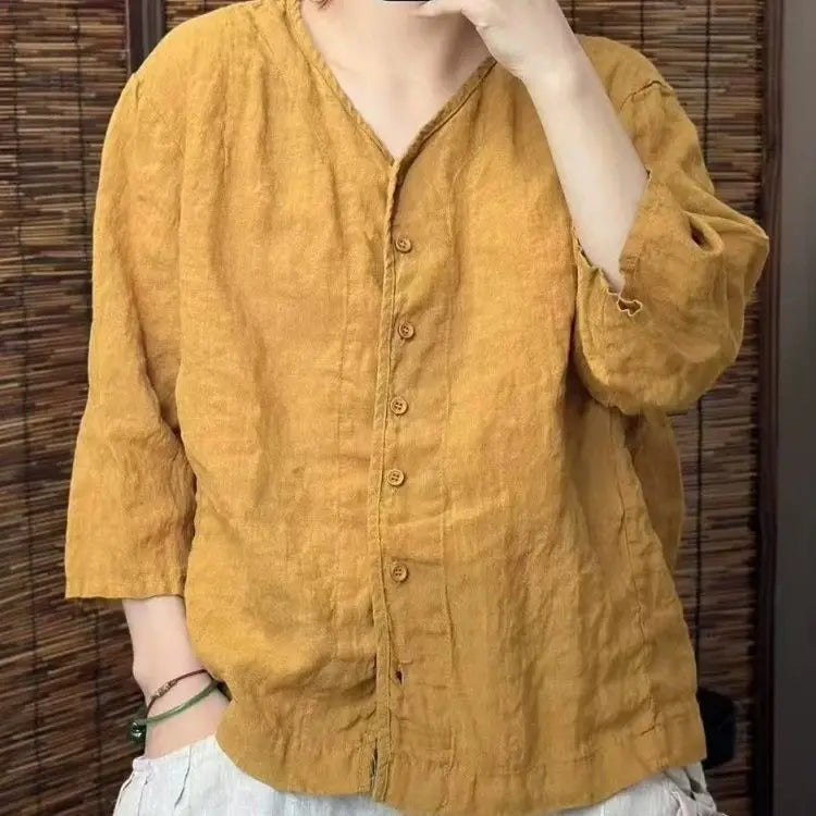2025 New Solid Color Linen Loose Top Artistic Casual Three-quarter Sleeve Cardigan Shirt