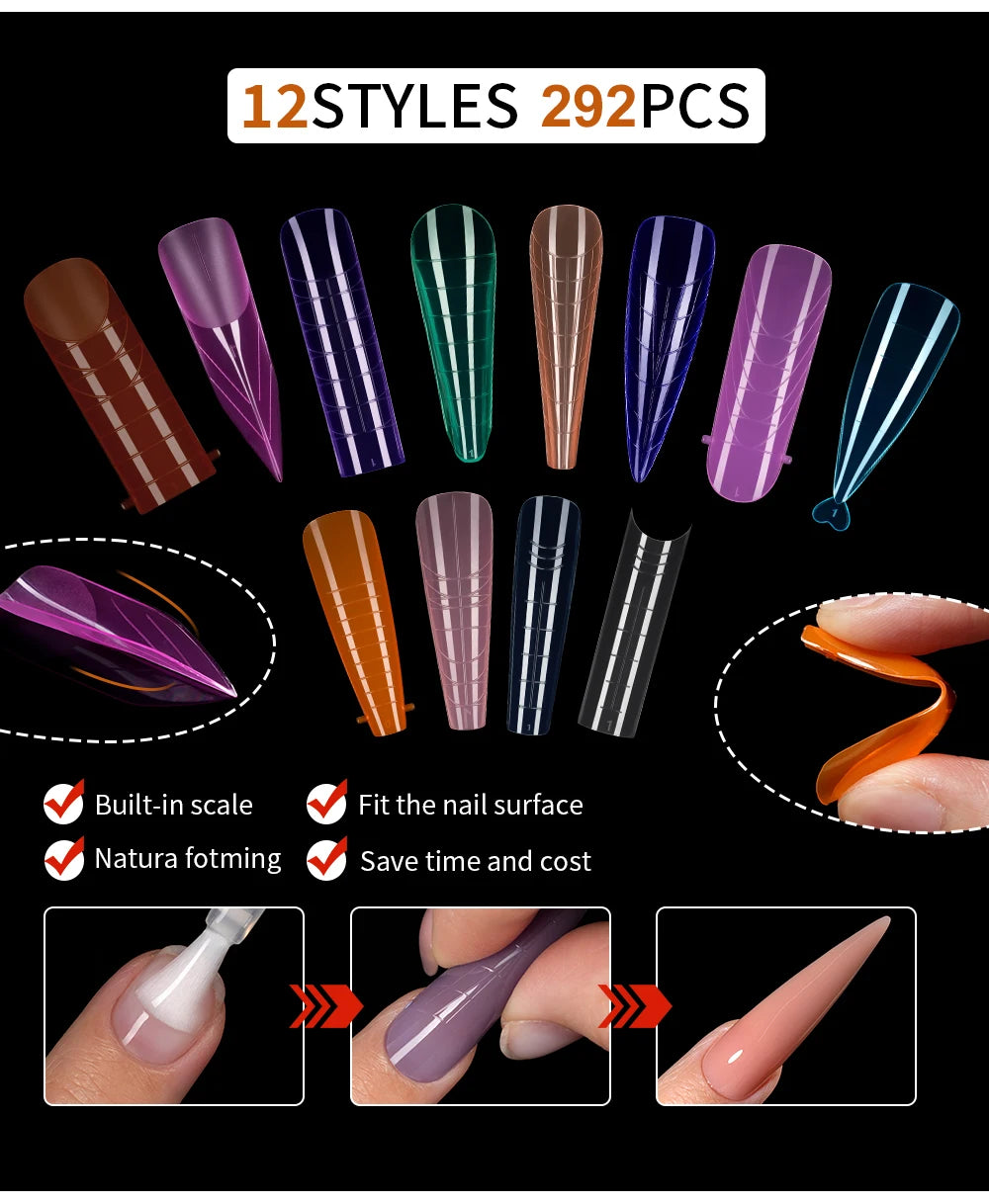 MOWOT 292pcs Color Dual Form Nail Mold Sets Acrylic Nails Extension Quick Building Gel Mold Reusable False Nail Tips Nail Forms