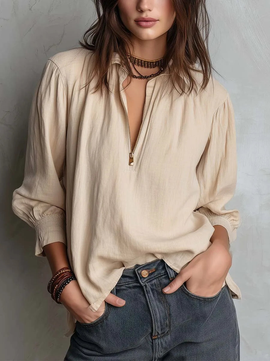 Women‘s Linen Shirt, Oversized Zip-Up Blouse, Casual Loose Fit Pure Color Top, Summer Long Sleeve Shirts for Women •